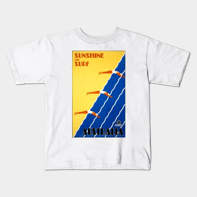 Vintage Travel Poster  Sunshine and Surf Australia Kids T-Shirt by vintagetreasure